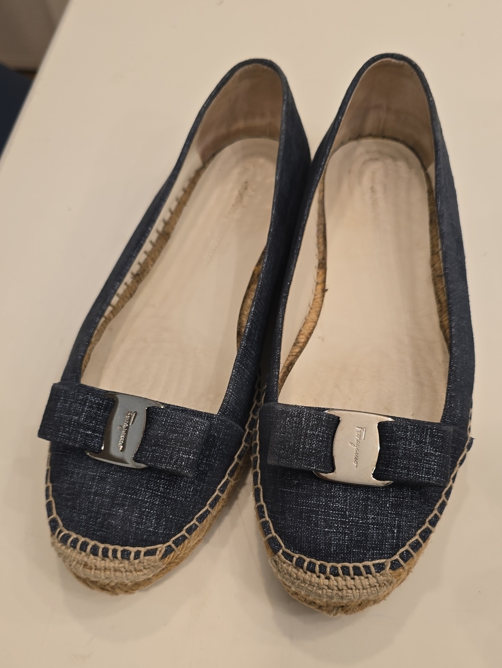 Women's Salvatore Ferragamo Denim-Look Espadrille Flats with Bow Accent, Size 7